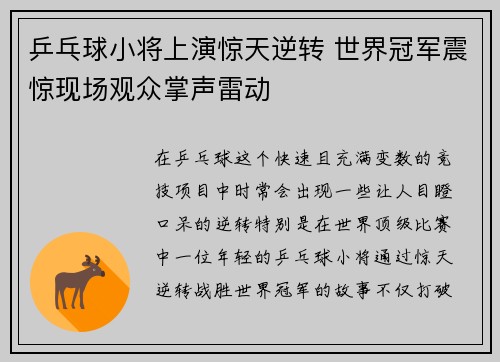 乒乓球小将上演惊天逆转 世界冠军震惊现场观众掌声雷动