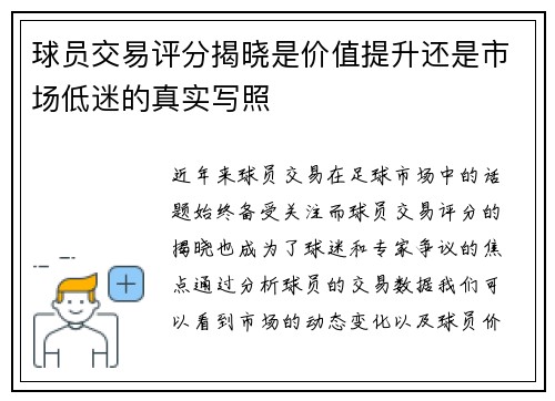 球员交易评分揭晓是价值提升还是市场低迷的真实写照