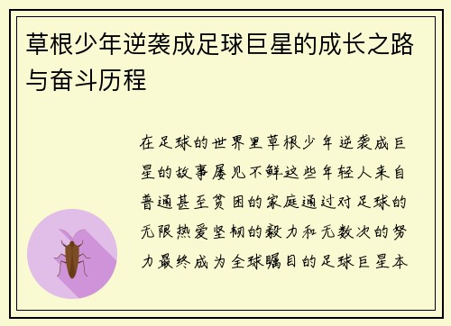 草根少年逆袭成足球巨星的成长之路与奋斗历程