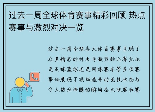过去一周全球体育赛事精彩回顾 热点赛事与激烈对决一览