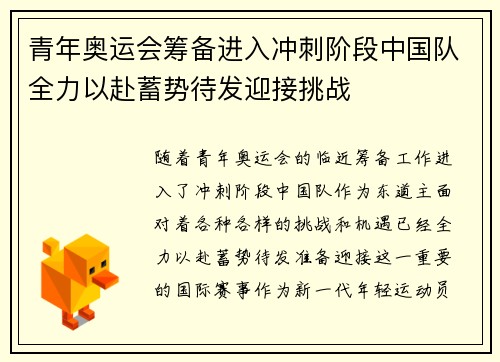 青年奥运会筹备进入冲刺阶段中国队全力以赴蓄势待发迎接挑战